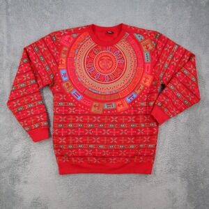 Imperious Mens Aztec Sun Calendar Sweatshirt Red Tribal Print Fleece 2XL